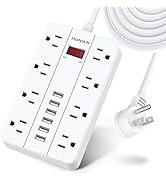 10 Ft Long Extension Cord,Power Strip Surge Protector HUNIAN Flat Plug with 8 Widely Spaced Outle...
