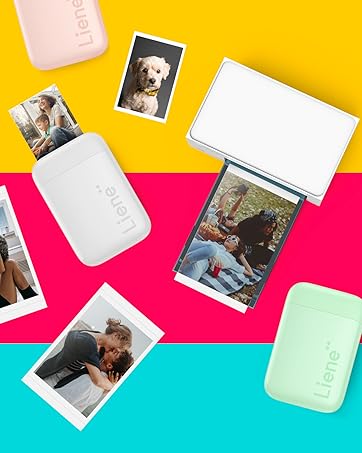 Portable photo printer with printed photos scattered on colorful yellow, pink, and turquoise background. Small, rectangular printer devices shown in white.