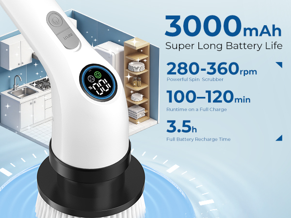 shower scrubber 100–120 min Runtime on a Full Charge