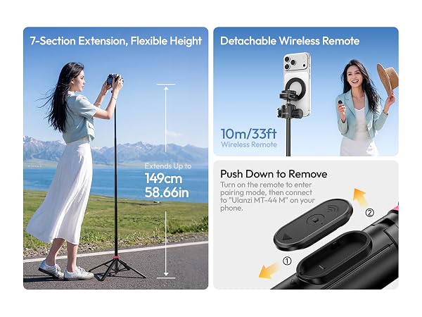 Two feature cards: left shows 'Flexible Extendable Height' with adjustable pole (50cm-75cm range); right shows 'Detachable Wireless Remote' with 10m/33ft range and 'Push Down to Remove' instruction, wireless remote shown.