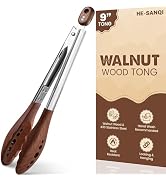 9-Inch Wooden Tongs for Cooking - Heat Resistant Natural Walnut Wood Kitchen Tongs, Stainless Ste...