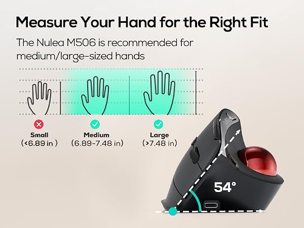 Nulea M506 54° Vertical Ergonomic Thumb Trackball Wireless Mouse 4 DPI,2BT+USB supports 3 devices