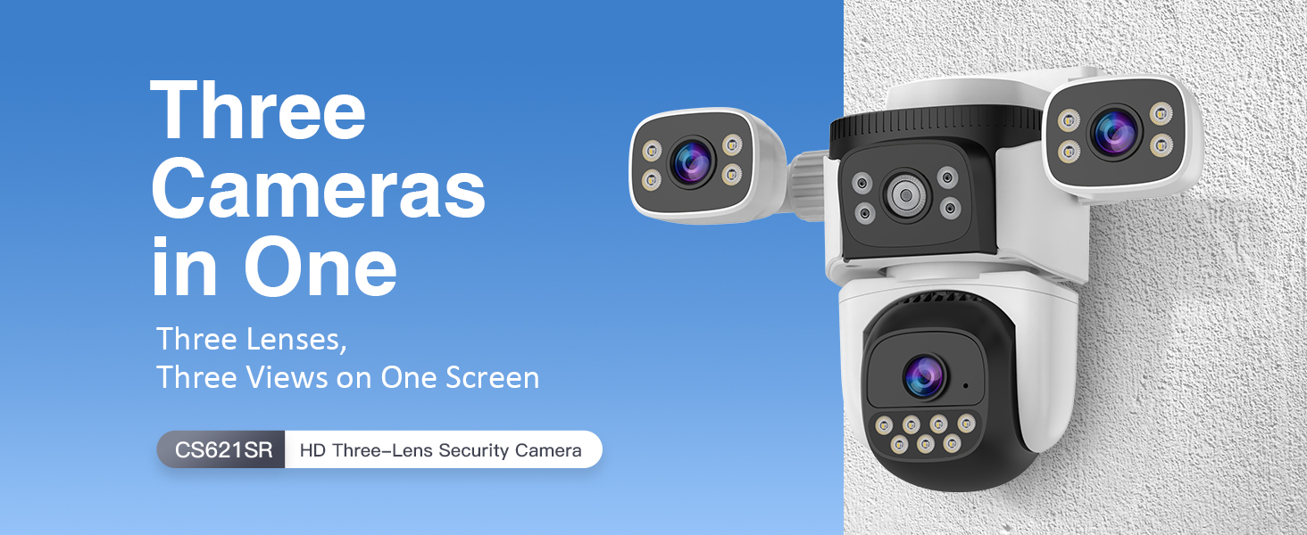 EVERSECU Triple Lens WiFi PTZ Security Camera, Three Cameras in One, with Adjustable All-Angle Arm