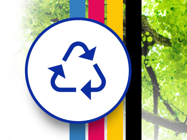 Brother recycling symbol overlaid over image of green tree canopy