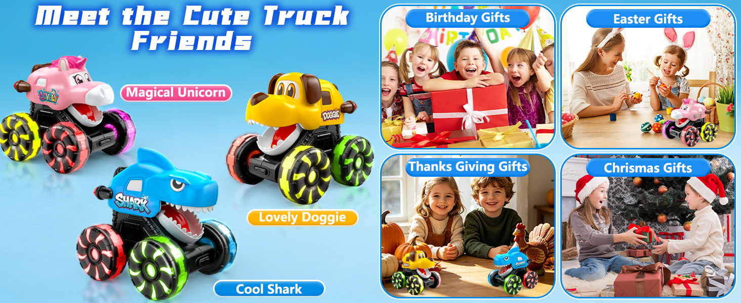 Monster Truck Toys for Kids Toddler, Press Go Light Up Wheels Car Toys Chomping Mouth Truck Toy