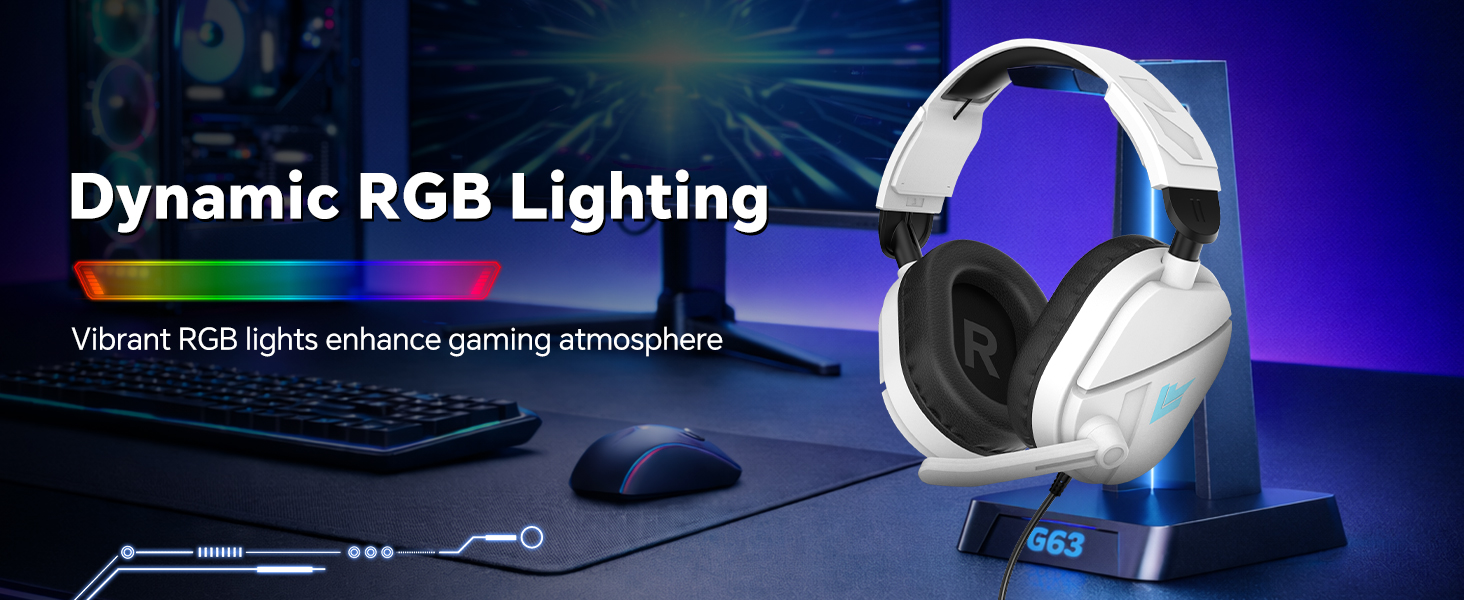 Text reads 'Dynamic RGB Lighting'. Multiple promotional images showing colorful LED lighting effects in blue and purple tones against dark backgrounds.