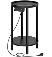 HOOBRO Small Round Side Table with Charging Station, 2-Tier Round Bamboo End Table, Compact Sofa ...