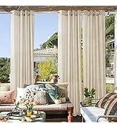 RYB HOME Outdoor Sheer Curtains for Patio Waterproof - Natural Linen Privacy Added Light Filterin...