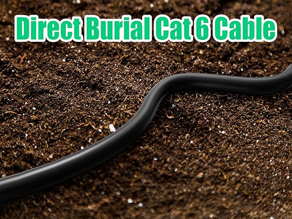 A black cable partially buried in dark soil. Text reads 'Direct Burial Cat 6 Cable', indicating it's a specialized underground network cable.