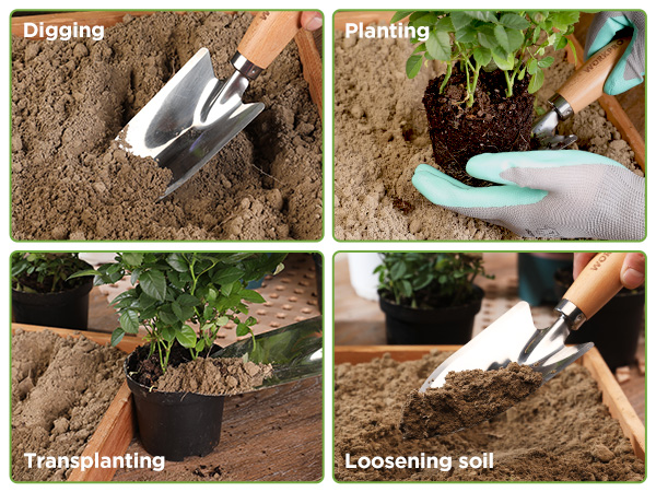 Text reads 'Digging, Planting, Transplanting, Loosening soil'. Sequence of gardening actions shown with gloved hands working in soil.