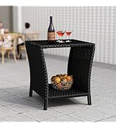 kinbor Small Outdoor Table - Tempered Glass Top Small Outdoor Wicker Side Table with Storage Shel...