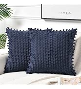 Fancy Homi Set of 2 Navy Blue Decorative Throw Pillow Covers 18x18 Inch with Pom-poms for Couch B...