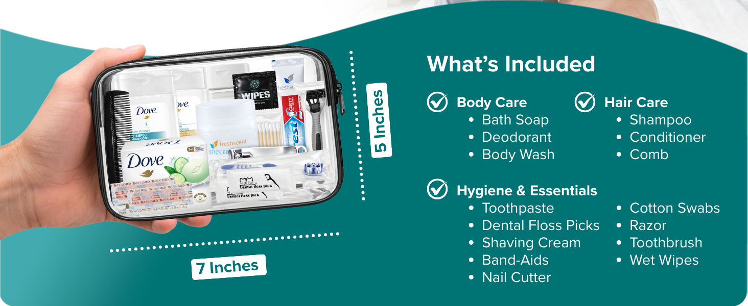 Hand holding 7x5 inch travel hygiene kit with body, hair, and oral care essentials.