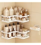 Veken Corner Adhesive Shower Caddy 3-Pack with Soap Holder&amp;Hooks,No Drilling Shower Shelves,Rustp...