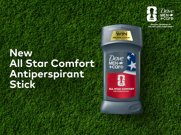 Top view of a soccer field with a Dove Men+Care All Star Comfort Antiperspirant Stick, with text.