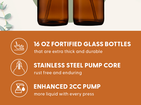 Text reads '16 OZ FORTIFIED GLASS BOTTLES that are extra thick and durable', 'STAINLESS STEEL PUMP CORE rust free and enduring', 'ENHANCED 2CC PUMP more liquid with every press'. Two amber glass bottles with pump dispensers shown above specifications.