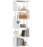 Furologee White Geometric Bookshelf 6 Tier S-Shaped Bookcase, Tall Modern Display Storage Shelf, ...