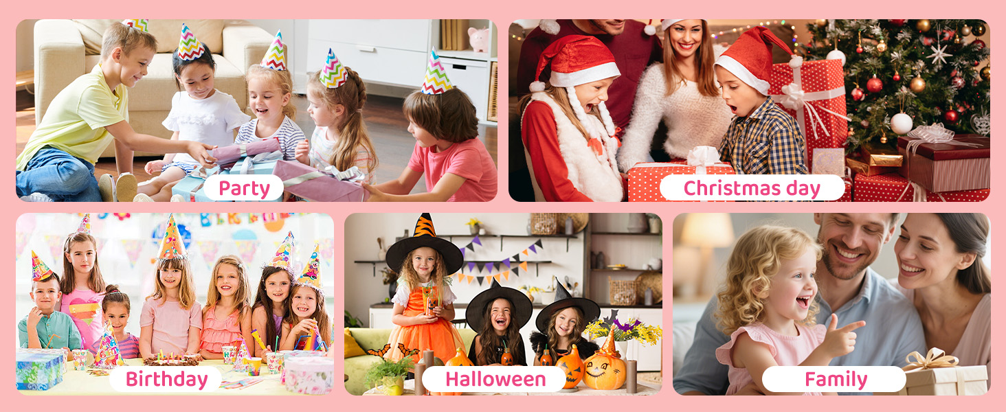 Collage strip showing multiple lifestyle images with pink accents, featuring various indoor and outdoor activities.