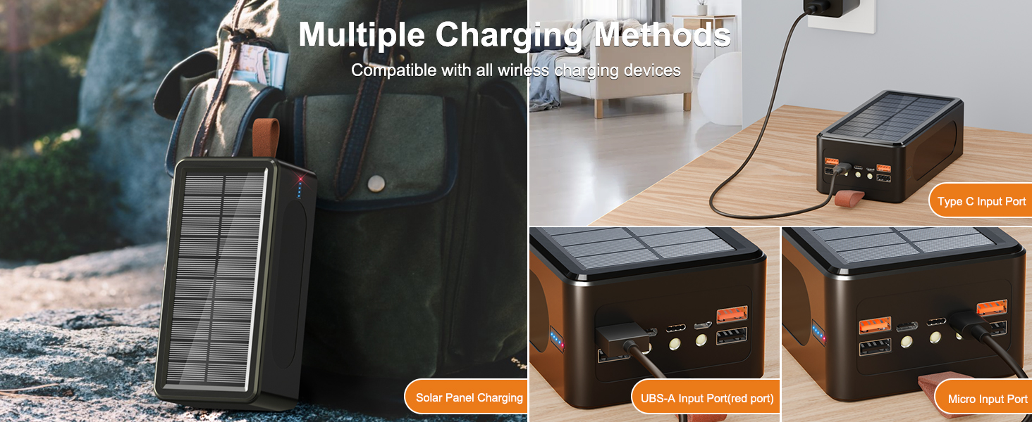 90000mah solar charger power bank with solar charging and wall charging multiple charging methods