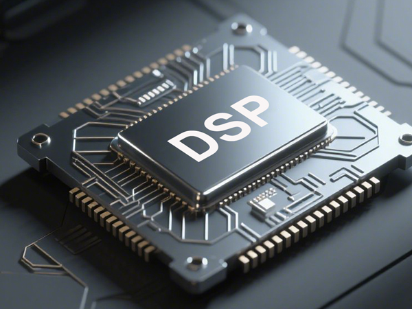 Close-up of a DSP (Digital Signal Processor) chip on a circuit board. The chip has a metallic finish with 'DSP' printed in white. Surrounding circuitry and connectors are visible.