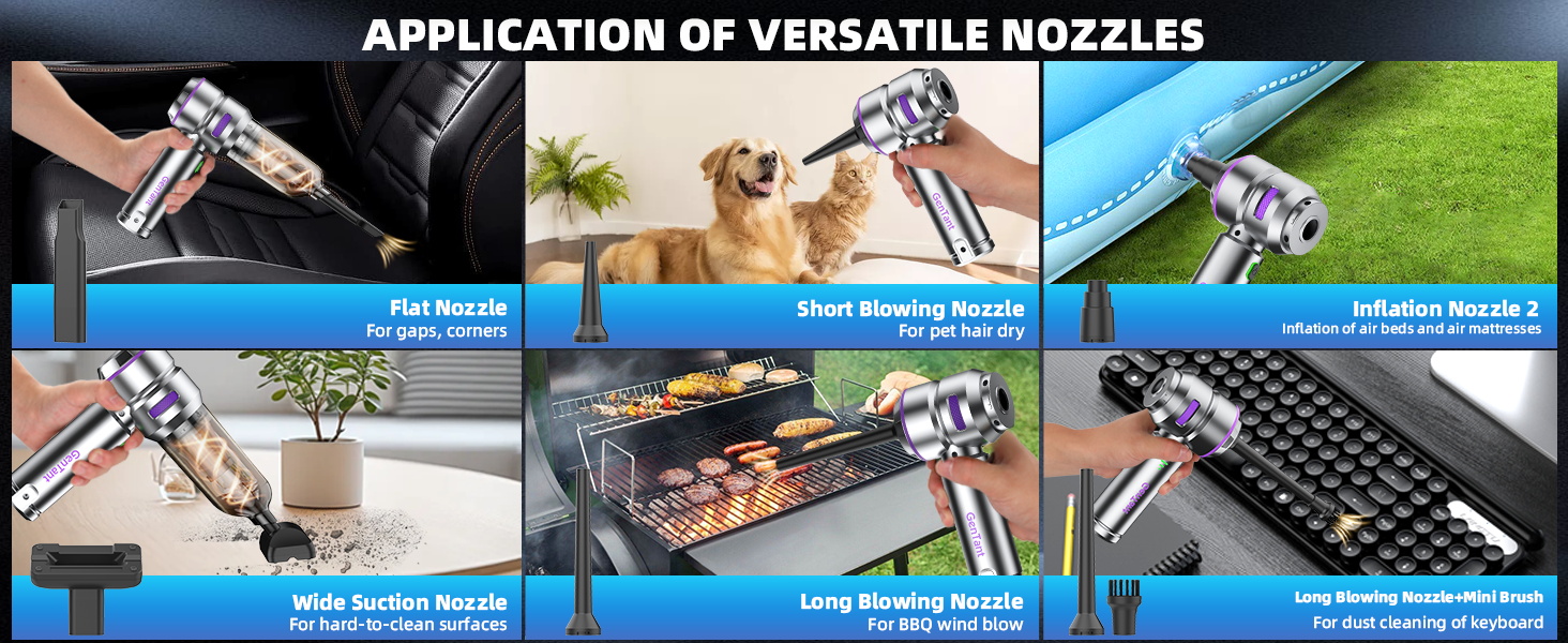 Application of different nozzles, Flat nozzle, Blowing Nozzle, BLowing Hose, etc.