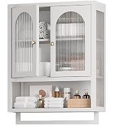ALBAD Metal Bathroom Wall Cabinet with Fluted Glass Door and Towel Bar Wall-Mounted Medicine Cabi...
