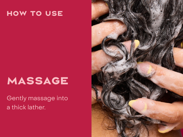 Closeup of a woman massaging her wet curly hair next to more instructions.