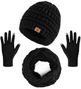 Winter Beanie Hat Scarf Gloves Set, Thick Warm Knit Winter Skull Cap Touch Screen Gloves Neck Sca...