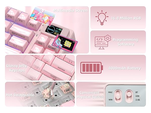 Pink Wireless Mechanical Keyboard 75% with Color Multimedia Screen Gaming Keyboard