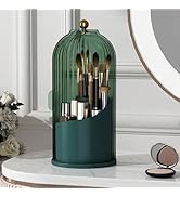 Birdcage Shape Makeup Brush Holder with Vertical Striped Cover, 360° Rotating Dust-Proof Organize...