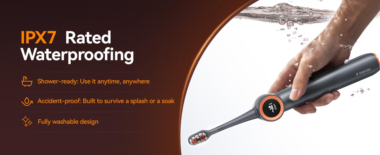 Text reads 'IPX7 Rated' and 'Waterproofing'. Marketing banner showing water resistance features with illustrated icons and product demonstrations.