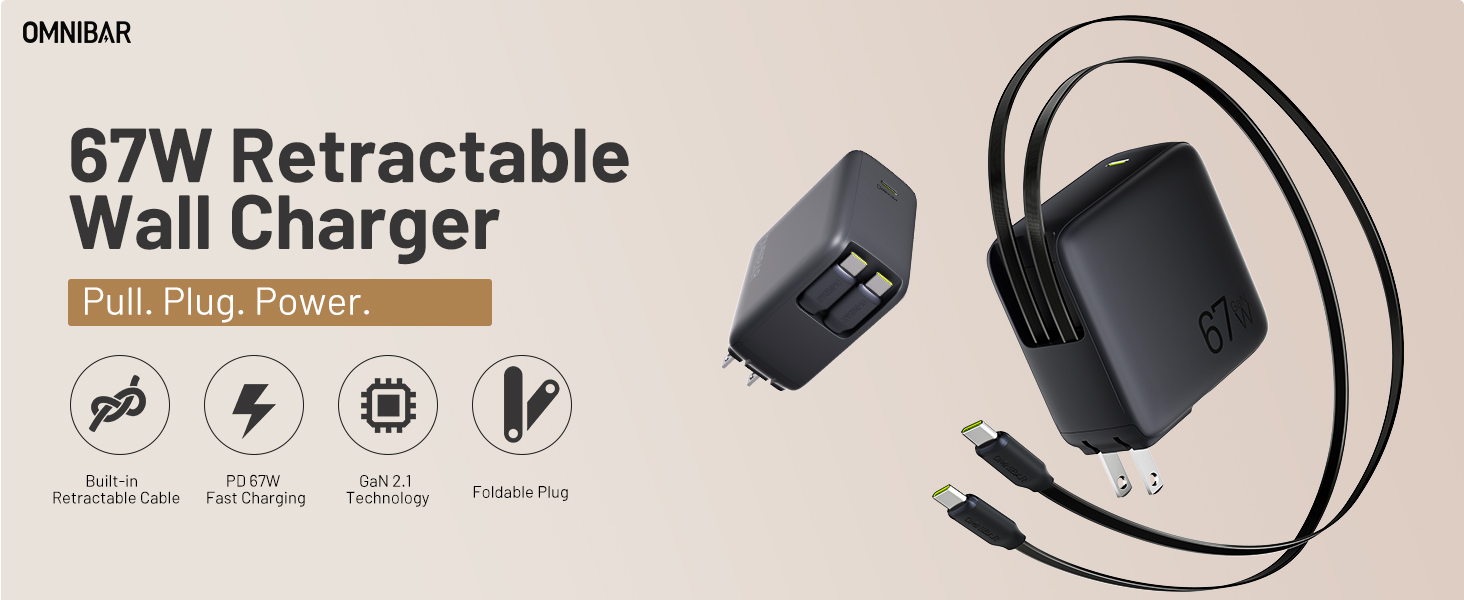 67W Retractable Charger with 2 Built-in USB C Cables