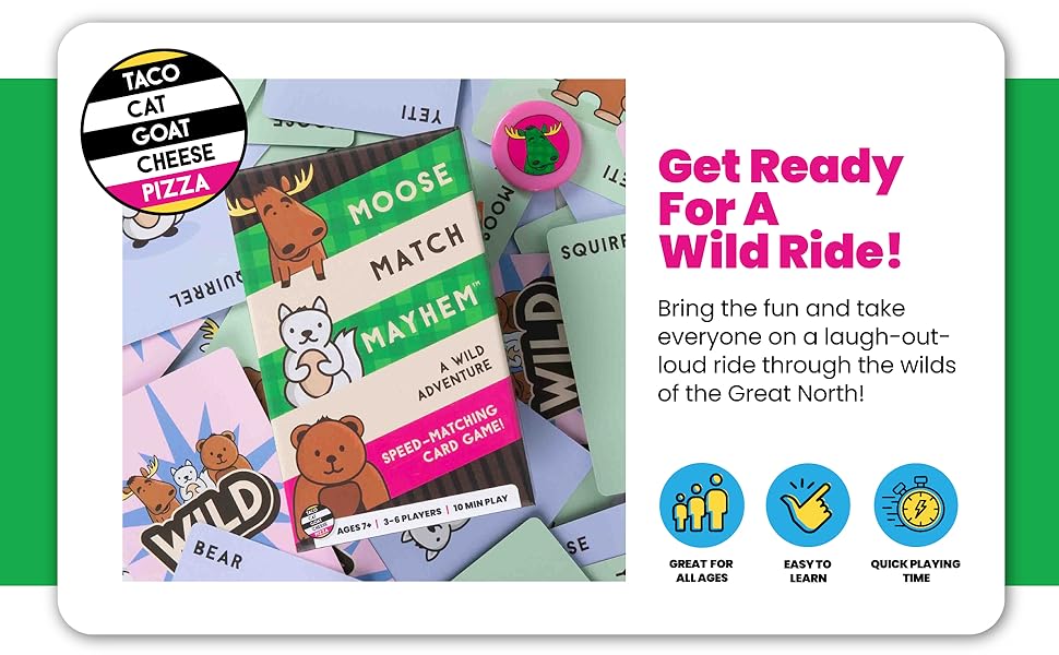 moose match mayhem, family fun, fast, card game for kids