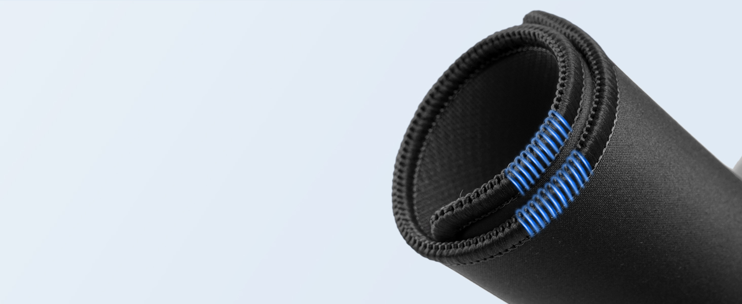 Close-up of a black cylindrical object with blue interior lining, possibly a cable management sleeve or protective tube for wires.