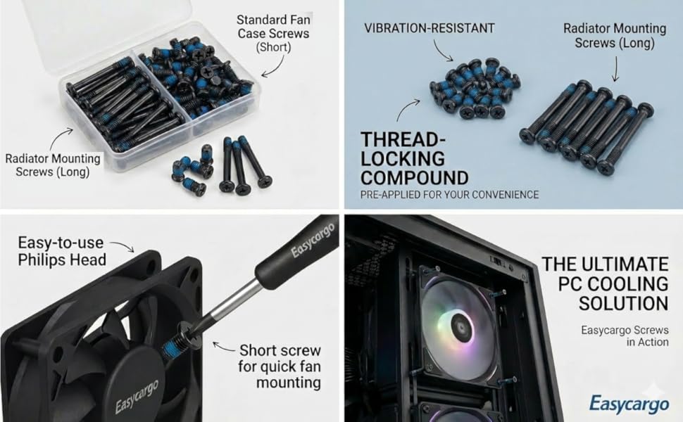 80pc PC Fan Screw Kit 30mm UNC 6-32 Long Radiator Screws 10mm Case Fan Screws Black Carbon Steel