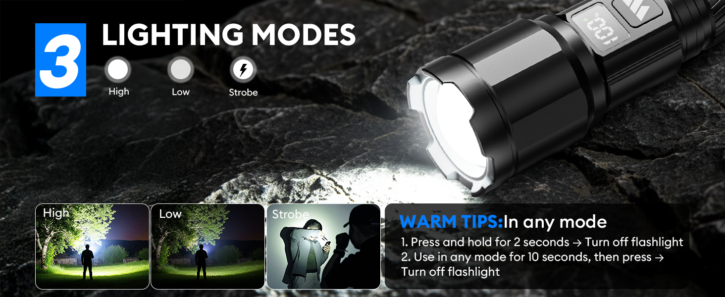 3 LIGHTING MODES High LoW Strobe