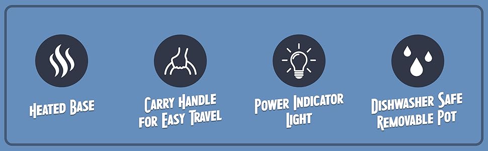 Heated Base, carry handle, power indicator light, dishwasher safe