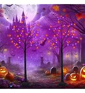 2 Pack 4FT Black Halloween Tree with 100 LED Orange and Purple Lights | Halloween Decorations Spo...