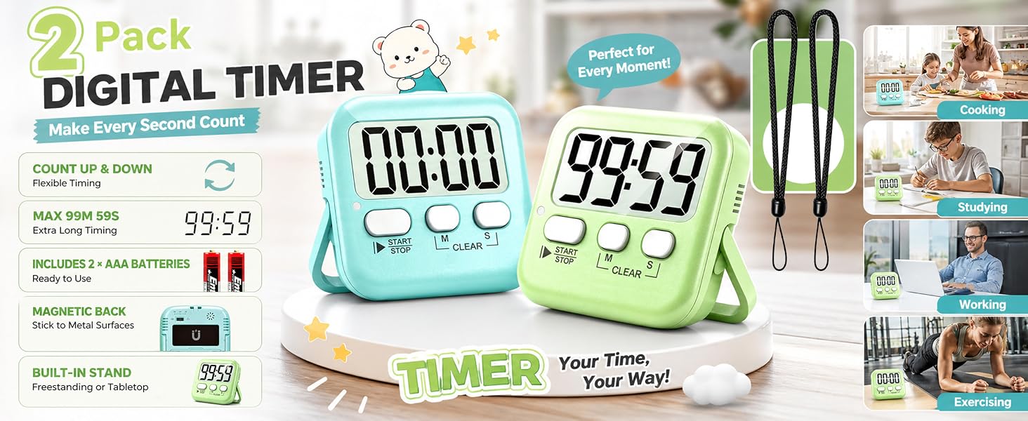 2 pack digital timer, count up &amp;amp; down, magnetic back and stand, for cooking, study, work, exercise.