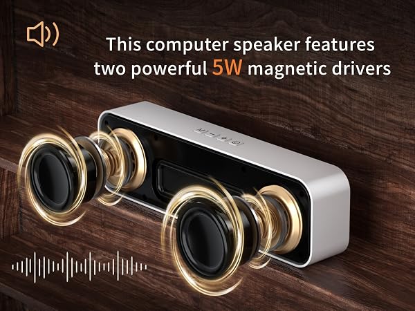 Desktop computer speaker with dual 5W drivers, deep bass and surround sound.