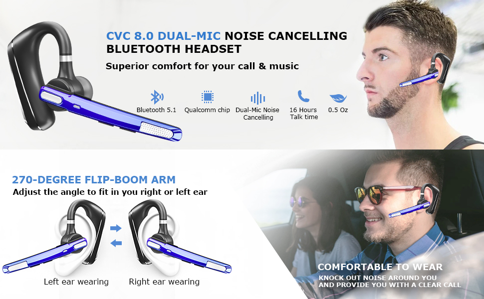Noise Cancelling bluetooth headset andFree Angle and Comfortable Fit