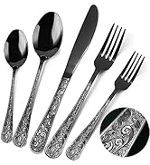 HENSENMEN Black Silverware Set, 30 Pieces Vintage Carved Flatware Set for 6, Stainless Steel Cutl...