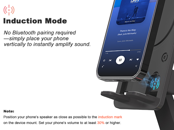 Wireless induction speaker for instant play, no bluetooth needed phone amplifier for easy use.
