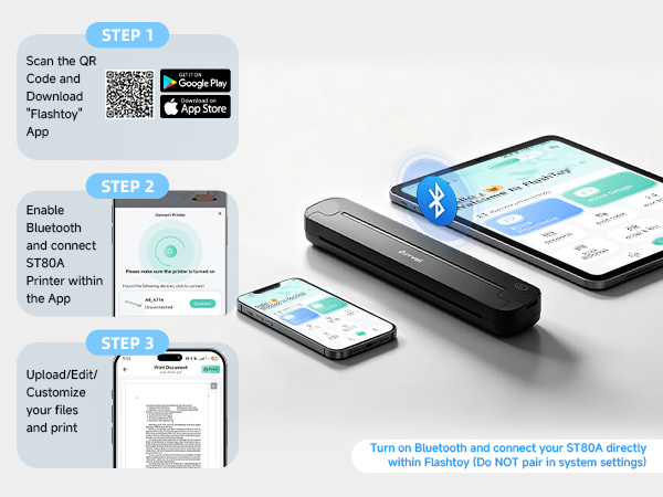 ST80A Bluetooth printer to an iPhone, Android phone, or tablet through the Flashtoy app