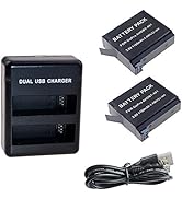 Camera accessory set: dual USB charger, two battery packs labeled 'BATTERY PACK', and USB cable. Charger has two slots. Batteries are black, rectangular.