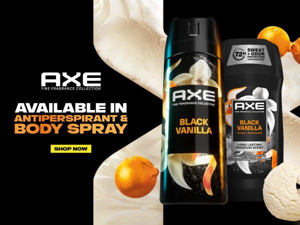 Black Vanilla Antiperspirant Stick and Body Spray featured next to text, oranges and vanilla scoops.