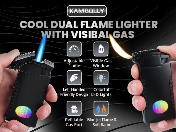 Cool Dual Flame Lighter, Refillable Butane Torch Lighter, Creative Jet/Soft Flame Pipe Lighters