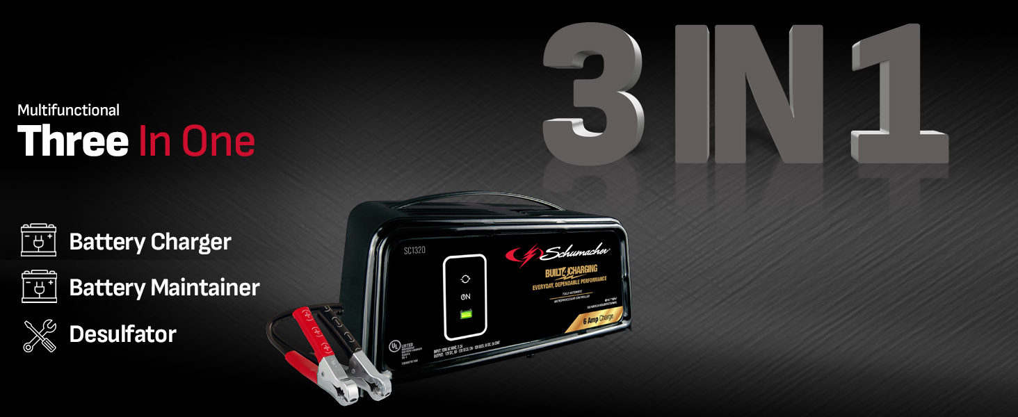 3 functions in 1 device: Car battery charger, battery maintainer, and desulfator