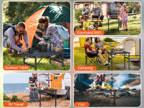 Collage of outdoor cooking scenes: families at campsite, portable stove in use, and RV. Images labeled 'Outdoor Table', 'Camping', and 'RV travel'.