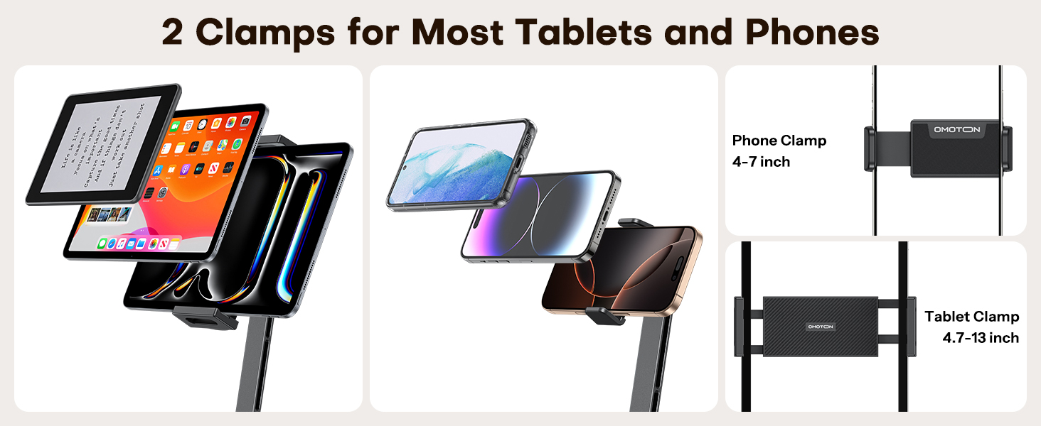 Text reads '2 Clamps for Most Tablets and Phones'. Product demonstration showing adjustable mounting system for mobile devices in various positions and configurations.
